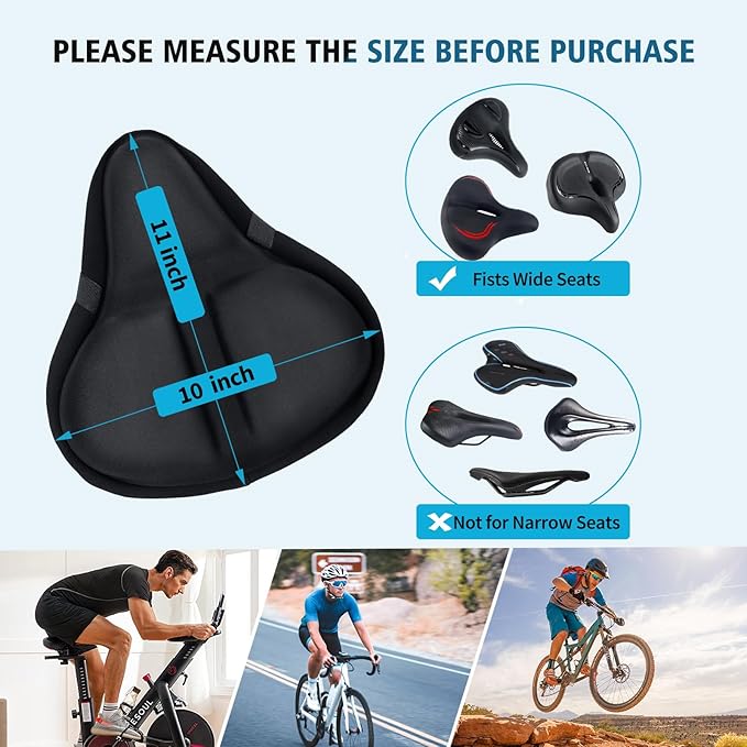 Bike Seat Cover, HUIOK Wide Gel Exercise Bike Seat Cushion for Women Men Comfort, Fits Spin, Stationary and Cruiser Bikes, Indoor Outdoor Cycling, Water Dust Resistant Cover Included