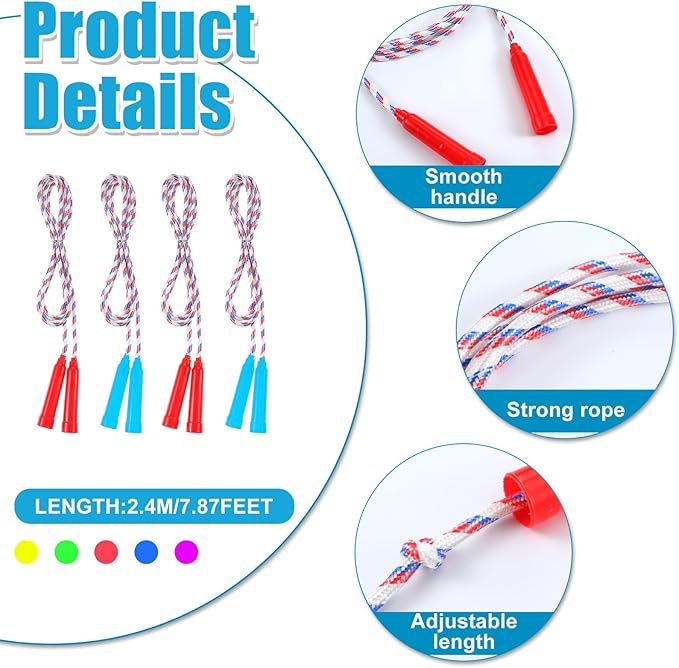 Honoson 50 Pcs Rainbow Jump Rope Bulk Gift for Kids 7.8ft Nylon Stripe Ropes with Handle Adjustable Colorful Party Favor Christmas Item Gift Outdoor Exercise Fitness (Red,White,Blue)