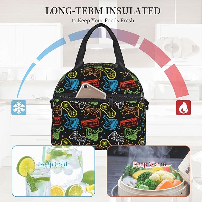 Game Reusable Insulated Lunch Box Waterproof Lunch Bag with Detachable and Adjustable Shoulder Strap for Office Picnic or Travel