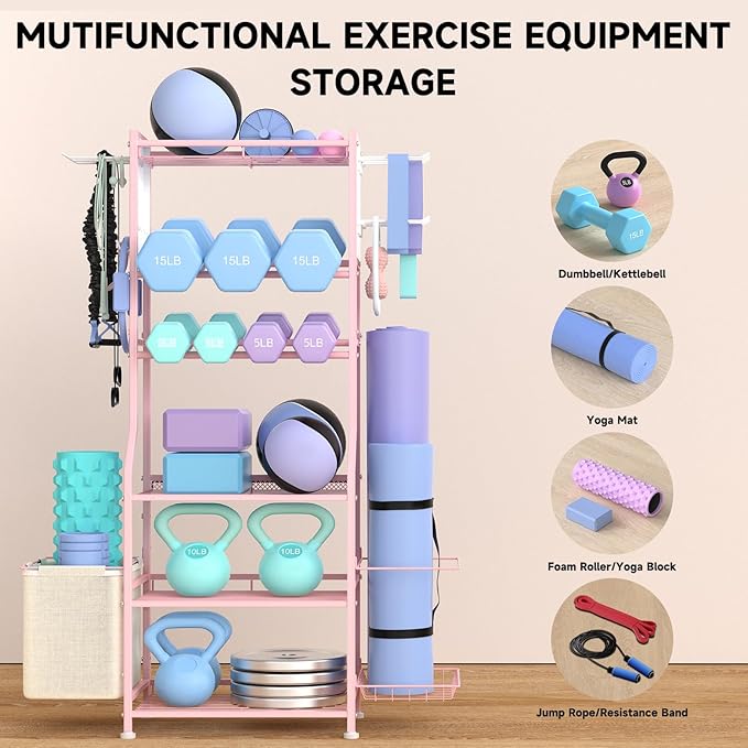 Dumbbell Rack, Home Gym Storage for Kettlebells, Yoga Mat & Strength Training Equipment, Weight Rack With Peg Board Organizer, Workout Gym Equipment Storage