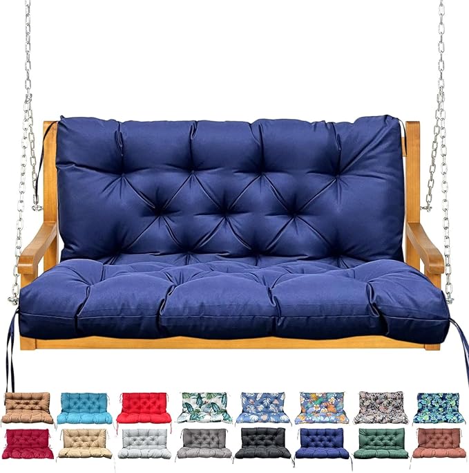 Porch Swing Cushion with Backrest,Waterproof Bench Cushion for Outdoor Furniture,2-3 Seater Replacement Thickened Swing Cushion with Ties,Patio,Outdoor,Backyard and Garden (Navy Blue,60x40)