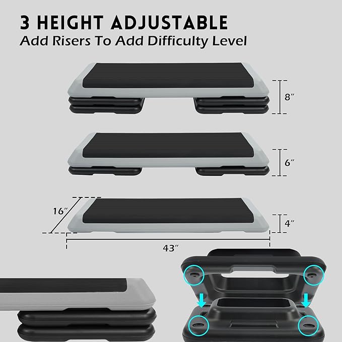 Step Aerobic Platform, Exercise Step with 5 levels Adjustable Height, 4 Stackable Risers, Fitness Training Workout Stepper for Home Gym, Cardio Strength, Multiple Options