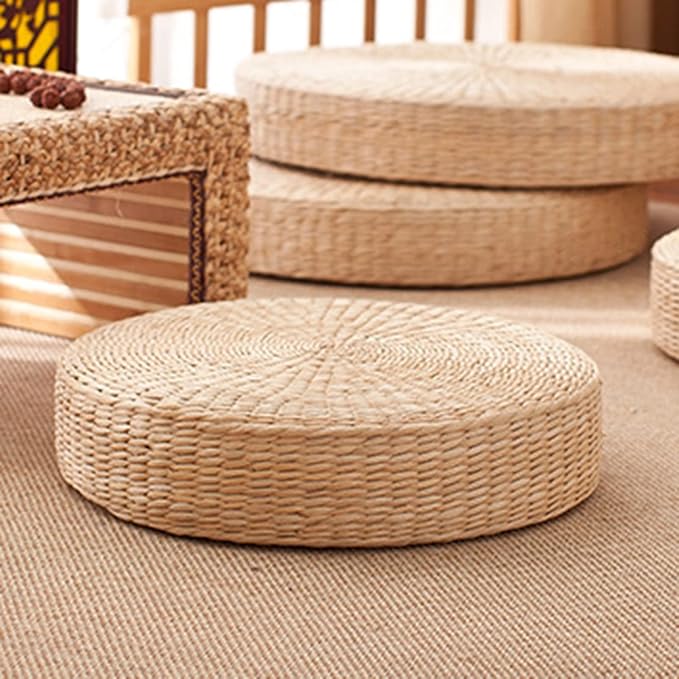 Comfortable Round Seat Cushion Woven Floor Cushion, Natural Straw Pouf Tatami Floor Poufs Meditation Cushion 40cm