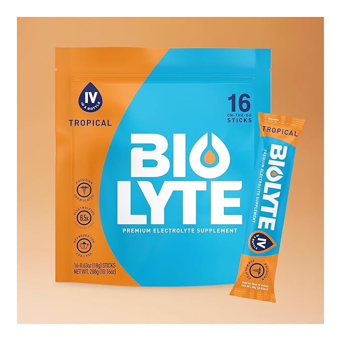 BIOLYTE IV Electrolyte Powder Packets, IV Liquid Drink Mix for Water, Doctor-Developed Hydration, HSA & FSA Approved Dehydration Relief, Chemotherapy Must Haves for Women & Men - Tropical (16 Sticks)