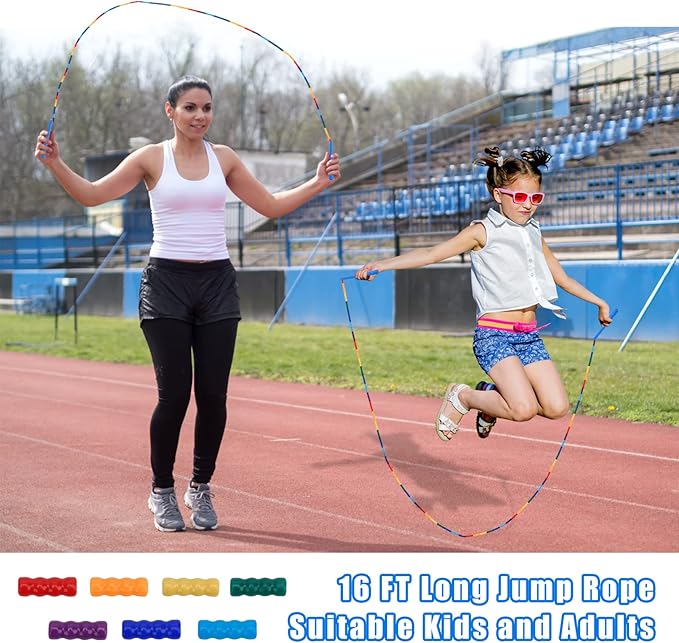 Coolrunner 16 FT Long Jump Rope(2 PACK), Double Dutch Jump Ropes, Soft Beaded Skipping for Kids Adults, Plastic Segmented Long Enough for 4-5 Jumpers