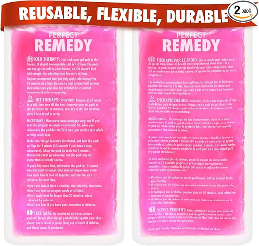 Perfect Remedy 2-Pack Gel Ice Packs for Injuries, Soft and Flexible Hot & Cold Compress, Soothing Ice Packs Aid for Sprains, Strains & Soreness conditions, Alternative to Hot Water Bottles (Pink, Reg)