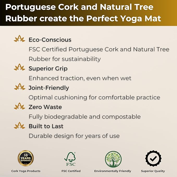 Cork Yoga Mat - Extra Large 72"x26" Non-Slip Yoga Mat with FSC Certified Portuguese Cork & Natural Rubber Base – 5mm Thick Hot Mat for Home & Studio – Yoga Accessories for All Levels