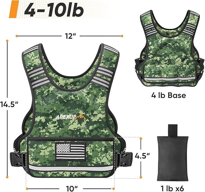 APEXUP Adjustable Weighted Vest, 4-10lb/12-18lb/20-32lb Vest with 6 Ironsand Weights and Large Pocket, Weight Vest for Men Women Strength Training, Running, Walking