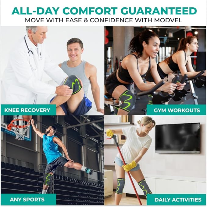 Modvel Compression Knee Brace for Women & Men, 2-Pack Knee Brace for Running Knee Pain, Knee Support Compression Sleeve, Workout Sports Knee Braces for Meniscus Tear, ACL & Arthritis Pain Relief