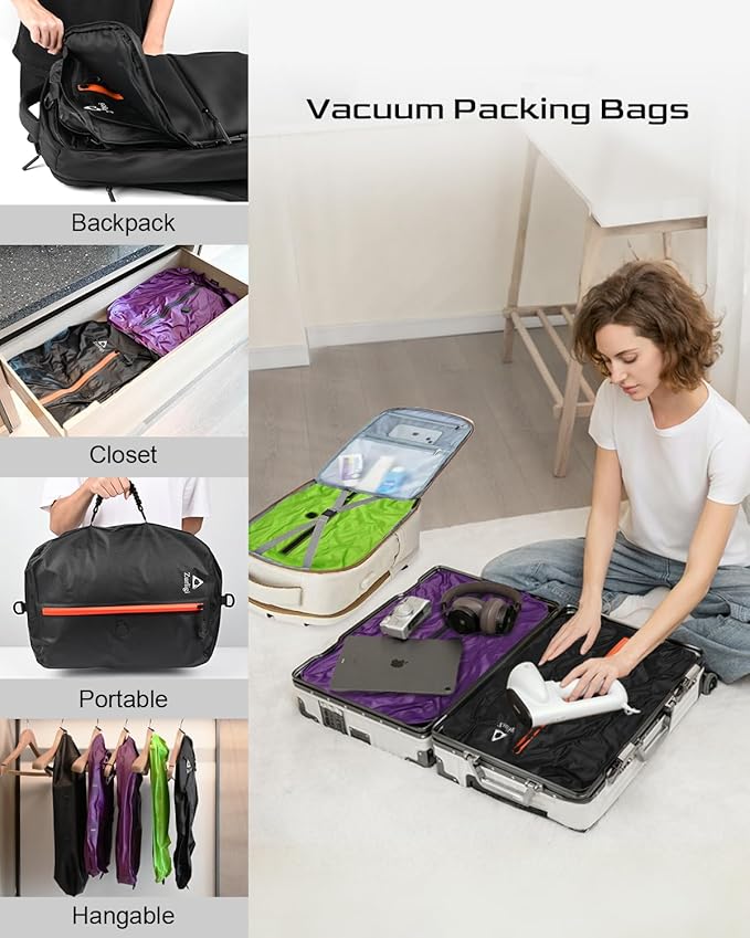 Zurligi Vacuum Compression Bags with Pump for Travel - Reusable, Portable Travel Pack Vacuum Bag Kit for Suitcases, Backpack