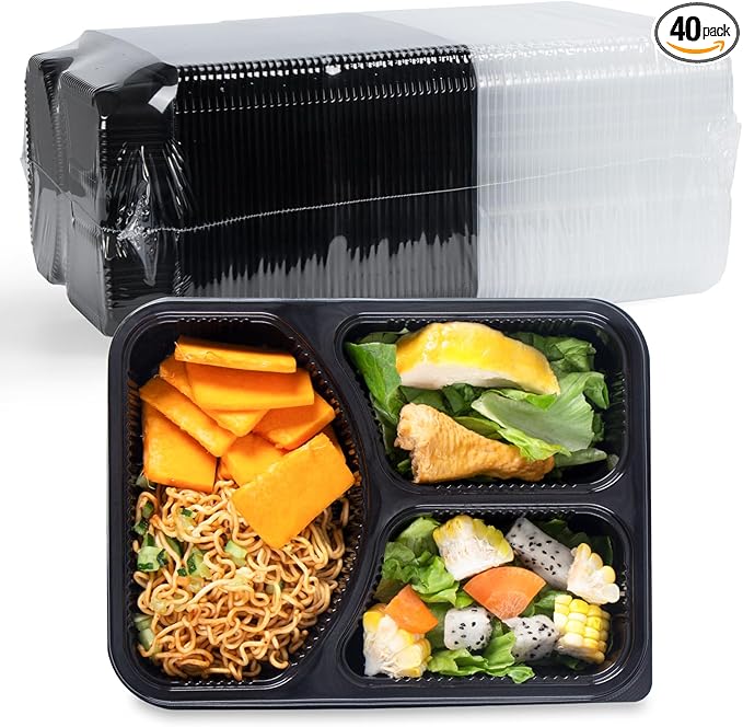 YANGRUI Food Containers Shrink Wrap 40 Pack 38 oz - Leak Proof BPA Free Reusable Flexible Pure PP Plastic Container | Microwave & Dishwasher Safe Meal Prep | Restaurant Grade 3 Compartment Lunch Boxes