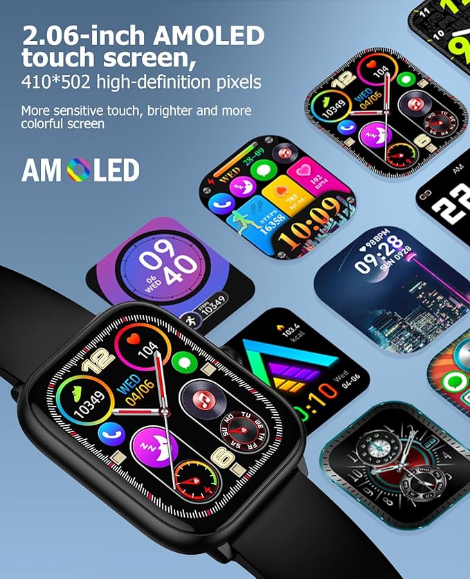 Smart Watch for Men with Bluetooth Call, 2.06" AMOLED Fitness Tracker with 118 Sports Modes, Blood Pressure/Heart Rate/Sleep/Blood Oxygen Monitor, IP68 Waterproof, Compatible with Android and iPhone