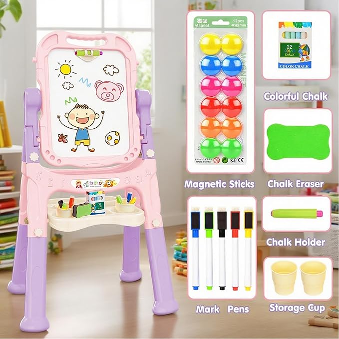 Amagoing Easel for Kids, Adjustable Standing Art Easel for Toddler, Double Side White Chalk Board with Painting Accessories, Birthday Christmas Gift for Little Girls and Boy Age 3 4 5, Pink