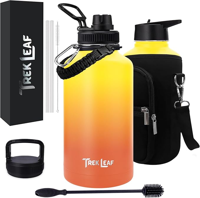 Travel Water Bottle with Carrying Bag, 3 Lids (Spout, Straw, Handle), and Bottle Brush; Leak Proof, Quality, Vacuum Insulated, Stainless Steel (Sunrise, 64 oz)