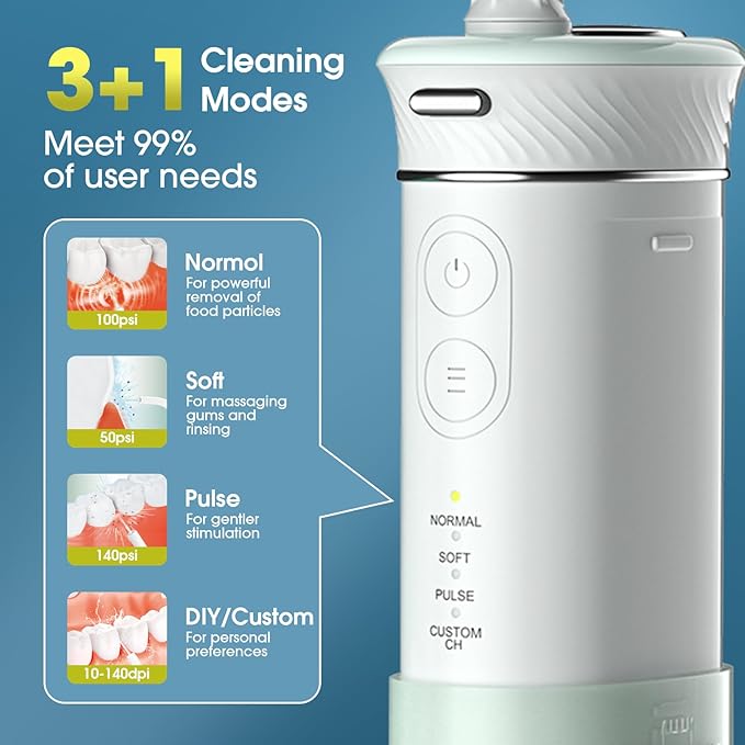 HANGSUN Compact Travel Water Flosser-Cordless, Deep Plaque Removal, 30 Days Battery, 3+1 Modes (DIY 8 Levels), 6 Nozzles for Braces/Sensitive Gums, IPX7, 180ml Collapsible Tank, Rechargeable, Green