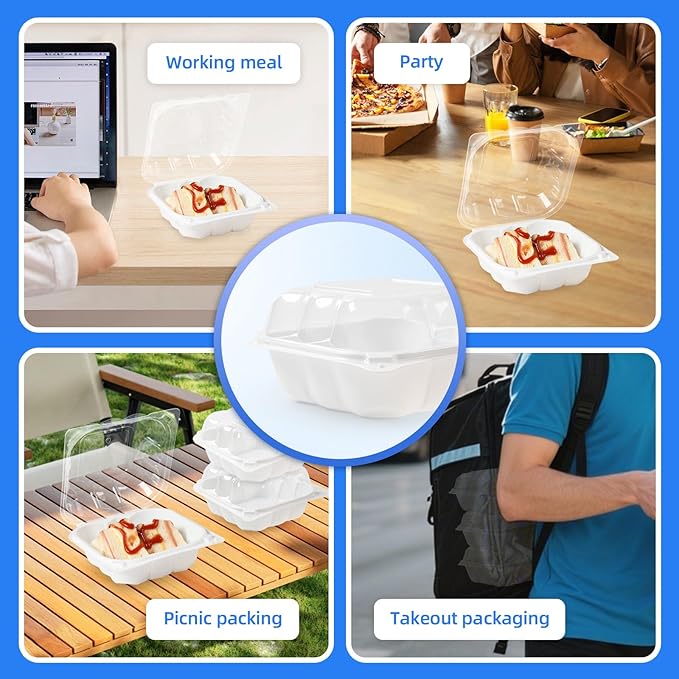 YANGRUI Food Containers 6" 17 oz 55 Pack - Reusable Crystal View Fog Resistant Lid BPA Free Pure PP Plastic Burger Box | Shrink Sealed Hygienic Freezer & Microwave Safe | White Sushi Takeout Container