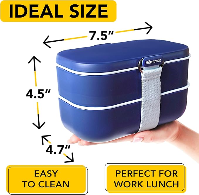 Insulated Stackable Bento Box for Adults with Reusable Chopsticks Japanese Lunch Box Microwavable & Leak Proof Lunch Containers for Men & Women Modern Cute Food Container with Compartments (Blue)