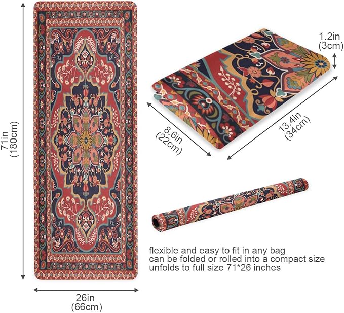 Kigai Yoga Mat Red Persian Design Fitness Mat Eco-Friendly Non Slip Portable Foldable Floor Workouts Mat for Pilates Home Gym Exercise Beach 70.8x26 inch
