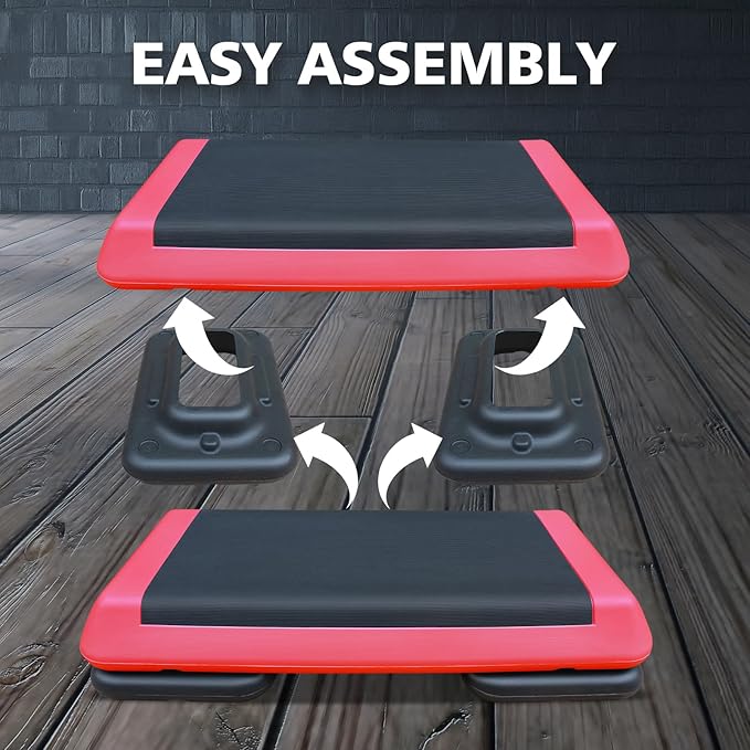 28.5'' Exercise Aerobic Step Platform, 4-6-8inAdjustable Fitness Stepper Workout with 4 Stackable Risers, Aerobics Stepper Workout Stepper for Home Gym Cardio Strength & Training (Red & Gray)