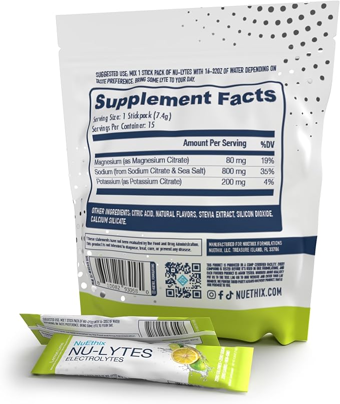 NuEthix Formulations NU-LYTES Electrolytes Hydration Packets, Zero Calories, Zero Sugar, Zero Carbs, Non-GMO, Electrolytes Powder Packets, Glycogen Replenishment, 15 Servings (Lemon Lime)
