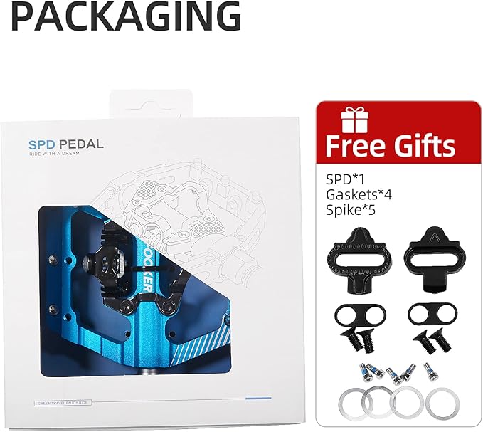 FOOKER MTB Mountain Bike Pedals 3 Bearing Flat Platform Compatible with Dual Function Sealed Clipless Aluminum 9/16" Pedals with Cleats for Road