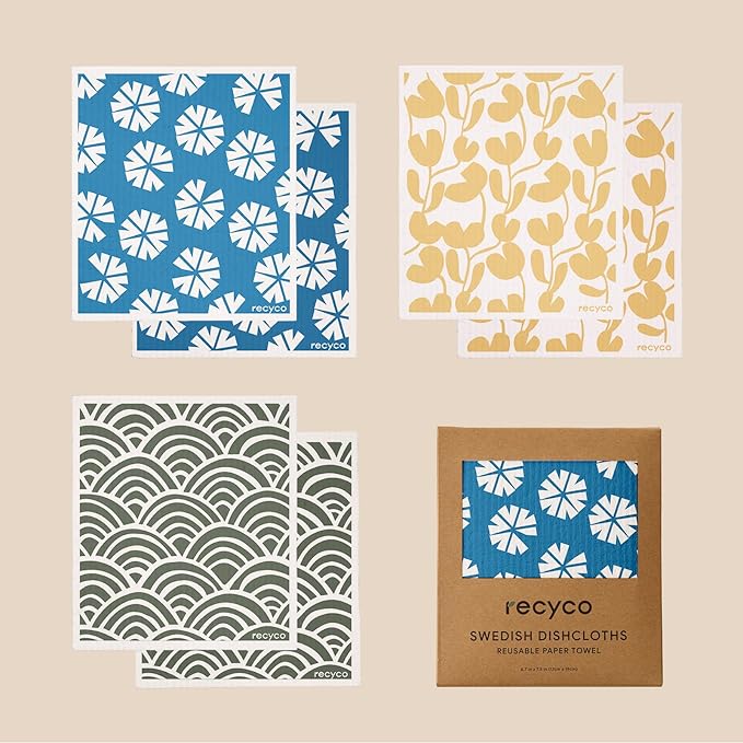 RECYCO Swedish Dishcloths for Kitchen | 6 Pack Wave Washable Dish Rags | Cellulose Reusable Cleaning Paper Towels | Absorbent Counter Dish Cloth Sponge Kitchen Wipes, 8" L x 7" W