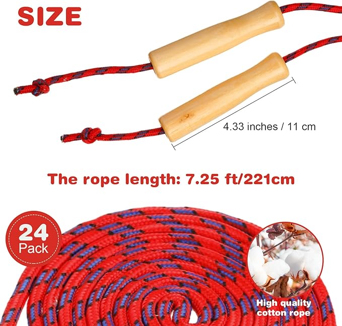 Shappy 24 Pcs Jump Rope Bulk 7.25 ft Adjustable Cotton Skipping Rope with Wooden Handle Braided Fitness Jumping Rope for Training Outdoor Exercise Fun Activity Party Favor