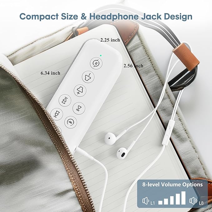 White Noise Sound Machine with Bluetooth,3000mAh Battery Powered,40H Long Lasting,Hi-Fi Audio,30/60/120m Timer,Wireless Portable Sleep Sound Machine for Adults/Baby,Type-C Rechargeable,Headphone Jack