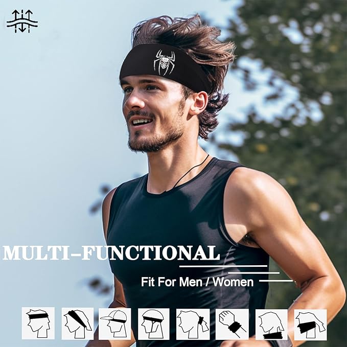 Headbands for Men 3 Pack Sport Sweat Bands Headbands Men Skull Finger Workout Sweatbands for Mens Women Head Bands Cooling Running Men's Hairband Headband