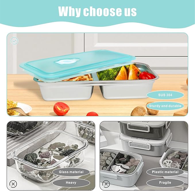 6 PCS Stainless Steel Snack Containers, Double Compartment Bento Box (30oz) with Leakproof Lids, Food Lunch Storage Box Dishwasher Safe & Reusable for Lunch Prep, Travel, Outdoor Camping