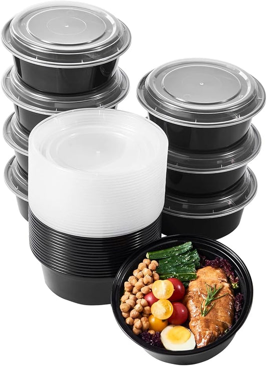 32 oz 150 ct Round Meal Prep Containers with Lids Plastic Food Storage Lunch Plan To Go Box Disposable Take Out Bowl Black BPA Free Reusable Stackable Microwave Freezer Safe (Formerly FULING)