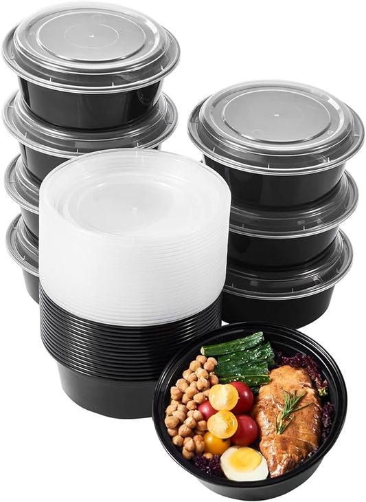 32 oz 50 ct Round Meal Prep Containers with Lids Plastic Food Storage Lunch Plan To Go Box Disposable Take Out Bowls BPA Free Durable Stackable Microwave Freezer Safe (Formerly FULING)
