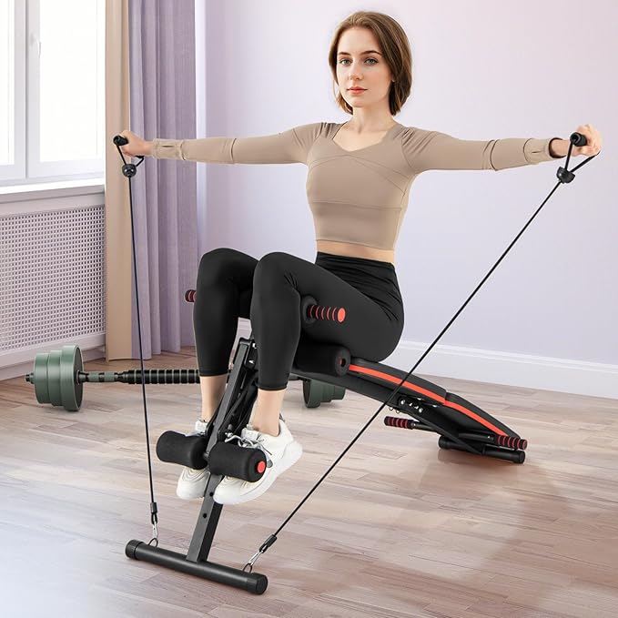Goplus 7 in 1 Sit up Bench, Foldable Workout Bench w/4 Position Adjustable Height, Multi-Layer Structure Cushion & 2 Elastic Ropes, Workout Equipment for Home Gym Fitness, 330 LBS