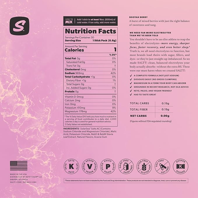 Keto Chow SALTT Electrolytes Powder Packets, Booyah Berry (30 Hydration Packets) - Magnesium, Potassium, Sodium, Trace Minerals - Vegan, Sugar Free, Gluten Free - Travel Essentials - Made in USA
