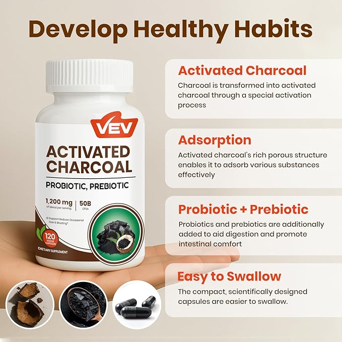 VEV Activated Charcoal with Organic Coconut Shell Charcoal & 50 Billion Probiotics – 120 Vegan Capsules for Digestive Wellness & Dietary Support