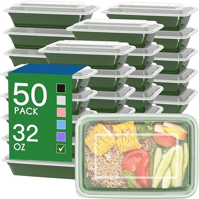 50 Pack (100-Piece) 32 oz Meal Prep Containers Reusable with Easy Open Lids, Sturdy Leakproof Food Safe, Microwave Freezer Dishwasher Safe, To Go Take Out Plastic Food Storage Pans with Lids, Green