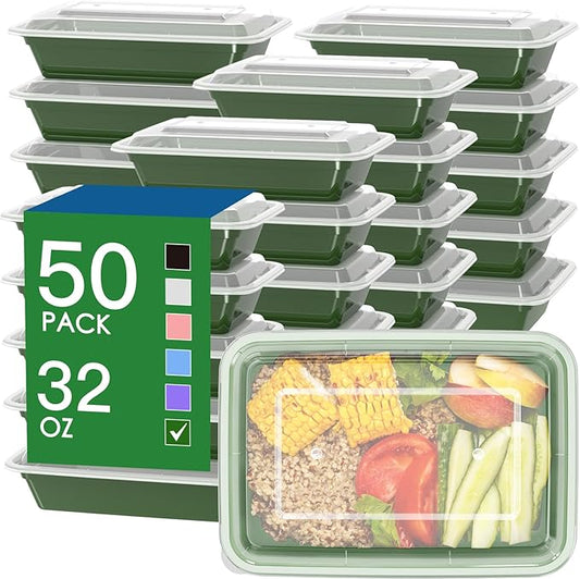 50 Pack (100-Piece) 32 oz Meal Prep Containers Reusable with Easy Open Lids, Sturdy Leakproof Food Safe, Microwave Freezer Dishwasher Safe, To Go Take Out Plastic Food Storage Pans with Lids, Green
