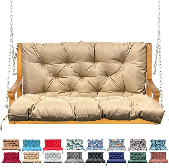 Porch Swing Cushion with Backrest,Waterproof Bench Cushion for Outdoor Furniture,2-3 Seater Replacement Thickened Swing Cushion with Ties,Patio,Outdoor,Backyard and Garden (Khaki,60x40)
