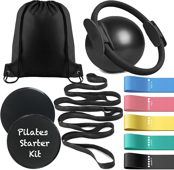 Pilates Essentials Kit for Home Workouts Women, Black Pilates Equipment Set with 9 Inch Yoga Ball, Pilates Slider, Resistance Band, yoga straps for stretching, Pilates Ring and Ball Set for Beginners