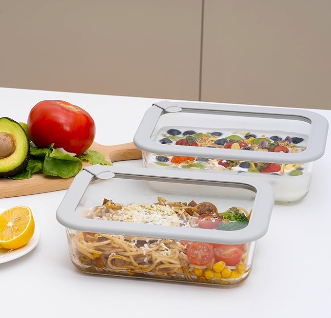 Glass Food Containers with Glass Lid, Microwave Safe Food Storage Container Set, 2 Pack of 50oz, Large Size Airtight Storage Set with Leak Proof Lids, Meal Prep Containers