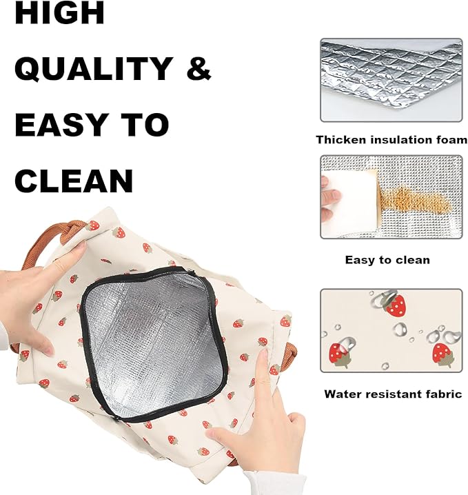 Joymee Lunch Bag Women Insulated Lunch Box Reusable Leakproof Large Spacious Cooler Tote for Women Men Adult with Bottle Holder and Side Pockets for Work Office Travel Picnic - Strawberry