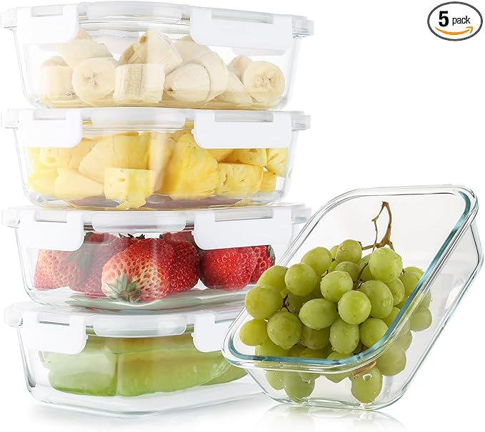 5 Pack 36 Oz Glass Meal Prep Containers with Lids, Reusable Glass Food Storage Containers with Lids, Leak Proof, Microwave, Oven, Freezer and Dishwasher Safe (White)
