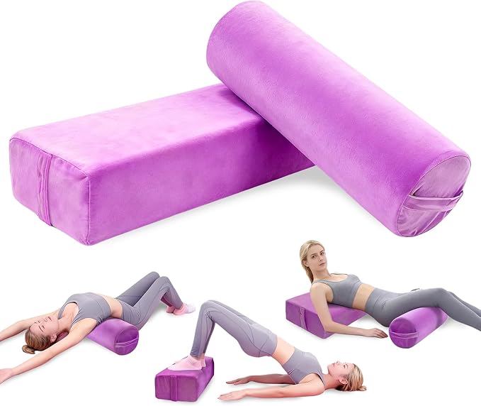 2 PCS Yoga Bolster Pillow Set Washable Velvet Cover Meditation Bolster with High Density Foam and Carry Handle Rectangular and Cylinder Bolsters for Restorative Yoga