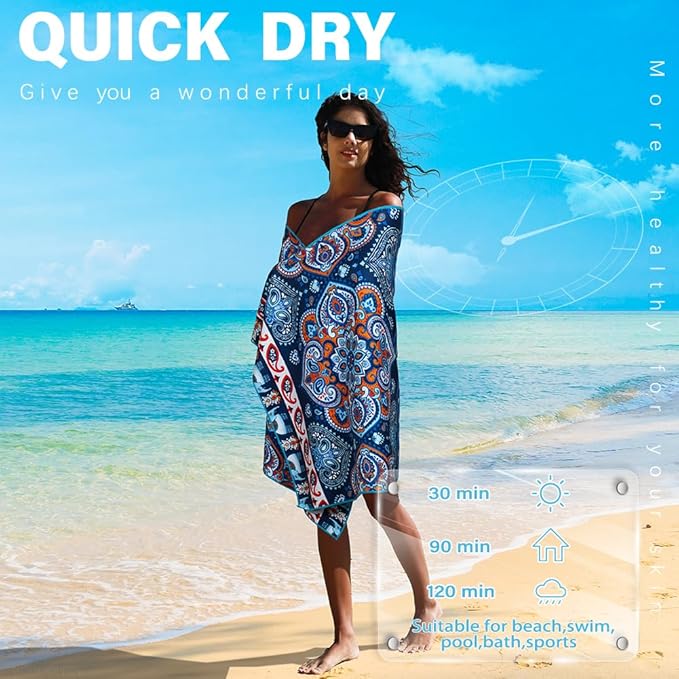 2 Pack Microfiber Lightweight Beach Towel Sand Free Quick Dry Absorbent Thin Compact Towels for Swimming Pool Camping Beach Accessories Large Easy Pack Travel Things for Vacation Essentials Gift