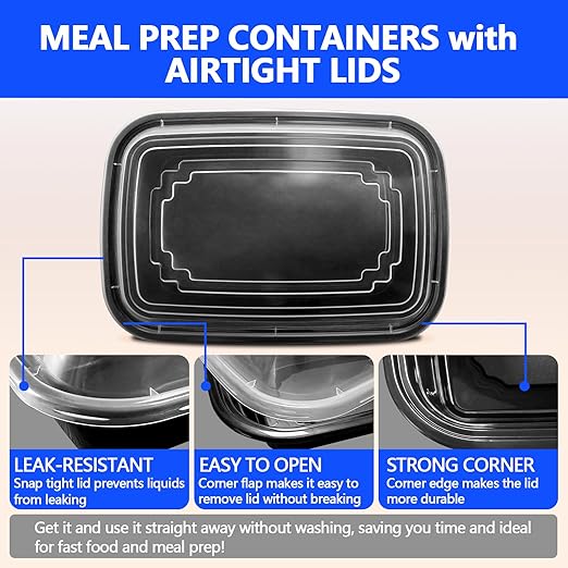 50 Pack (100-Piece) - 38oz Meal Prep Containers Salad & Snack Storage for Lunch | BPA Free & Leakproof Food Containers | To Go Take Out Plastic Bento Box | Microwave, Freezer, Dishwasher Safe