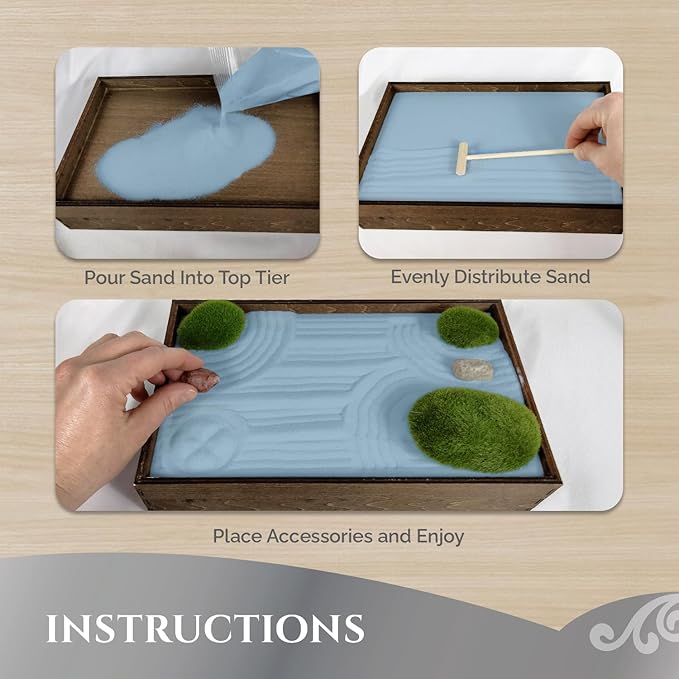 Wooden Stackable Zen Garden | Blue Oasis Sand with Rake & Accessories | Minimalist Decor Gift for Relaxation