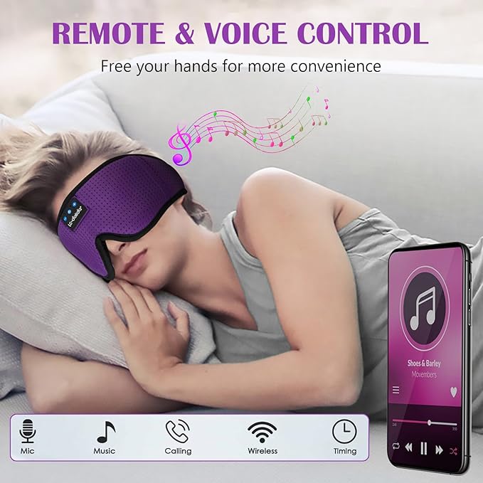 Sleep Headphones, Sleep Mask Bluetooth Wireless Music Eye Mask, Mask with Bluetooth Headphones Ultra-Thin Stereo Speakers Perfect for Sleeping (Purple)