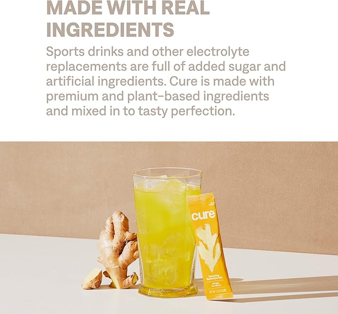 Cure Hydration | Plant-Based Electrolyte Drink Mix | No Added Sugar | FSA-HSA | Dehydration Relief Powder Made with Coconut Water | Non-GMO | Vegan | Pouch of 14 Packets - Ginger Turmeric