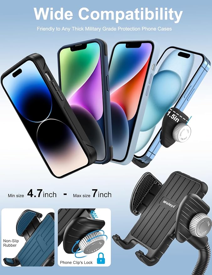 Gooseneck Phone Holder for Wheelchair, Stroller, Golf Cart, Boat, Mic Stand, Indoor Cycling Bike, Gym Bicycle Handlebar Clamp, Compatible with iPhone 16 Pro Max/15/14/13/12, Android and All Smartphone