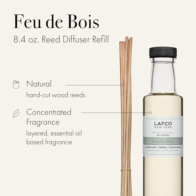 LAFCO New York Reed Diffuser Refill, Feu de Bois - 8.4 oz - Up to 4-Month Fragrance Life - Includes Natural Wood Reeds - Free of Dyes & Propellants - Made in the USA